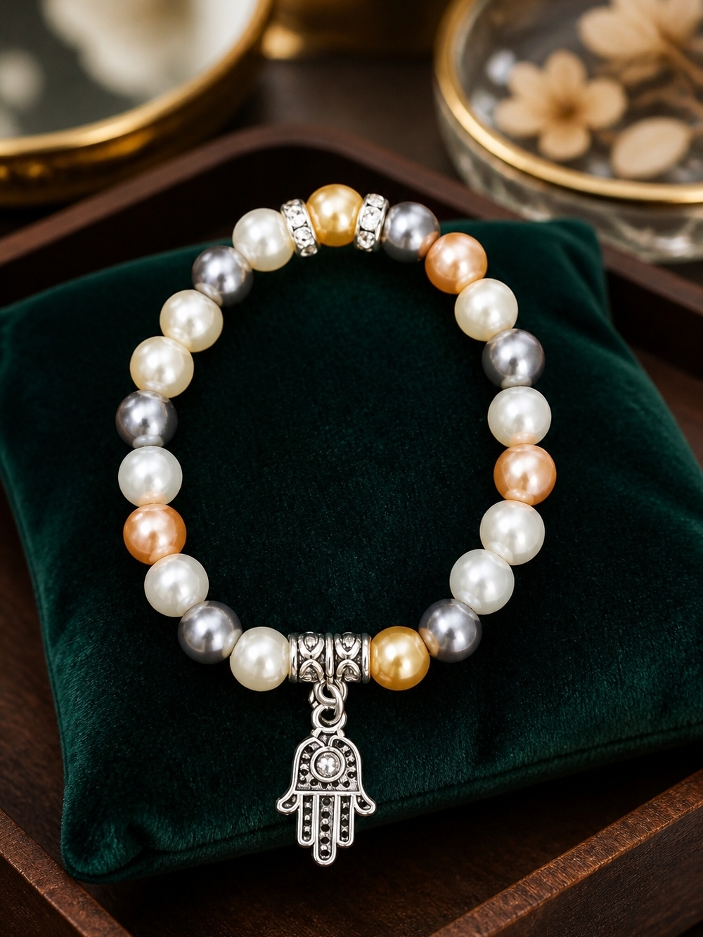 Multicolor Grey, Beige, White  Pearl Beaded Bracelet with Hamsa Charm